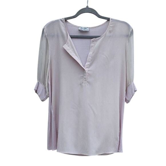 Lola & Sophie Womens 100% Silk Light Pink Top Small Sheer Ribbed Contrast Tee - Picture 1 of 9